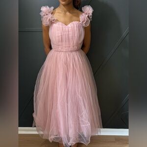 Beautiful Pink Tulle Off Shoulder Tea Length Formal Dress
